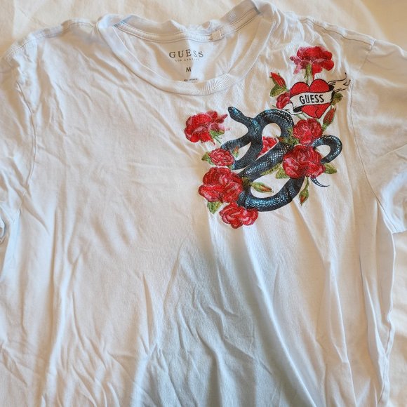White Guess T-Shirt Embroidered Snake Guess Patch - Picture 1 of 1